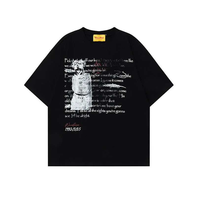 Men's black pure cotton t-shirt with white letter printing and raglan sleeves