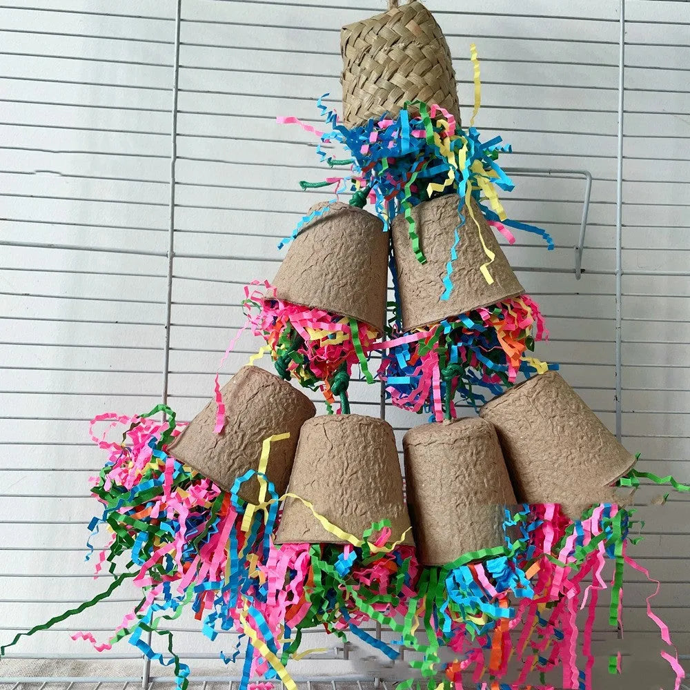 Parrot gnawing toy with paper cup and palm weaving design hanging at 38cm height