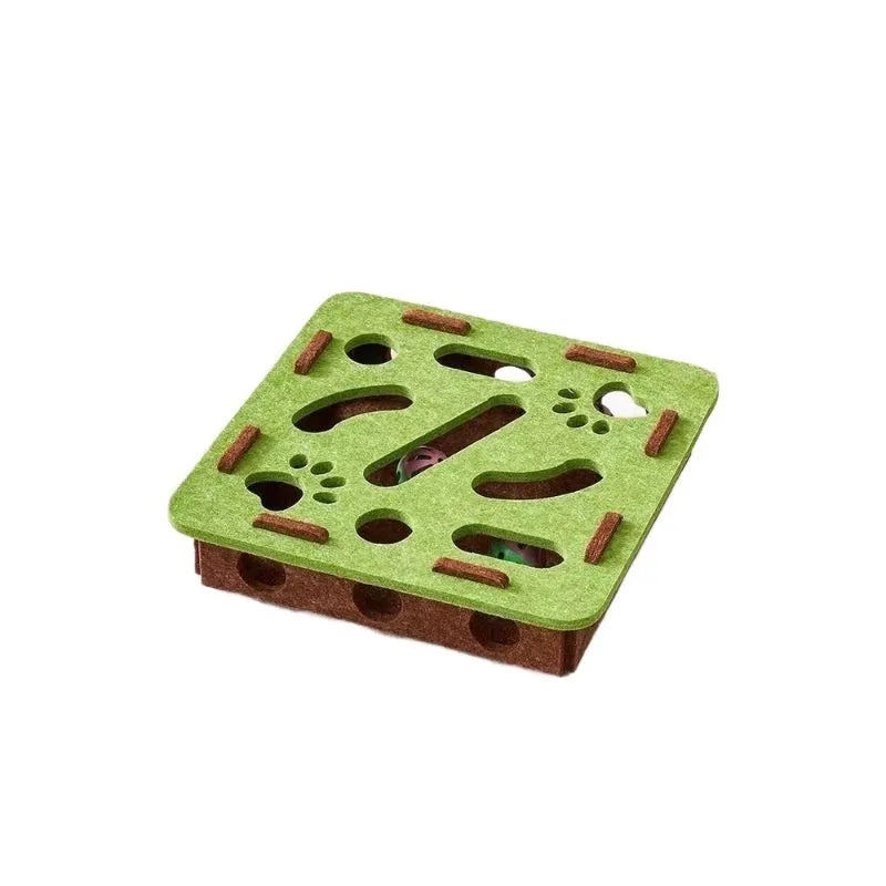 Green brown felt box cat toy with holes for scratching and hiding, measuring 30cm square.