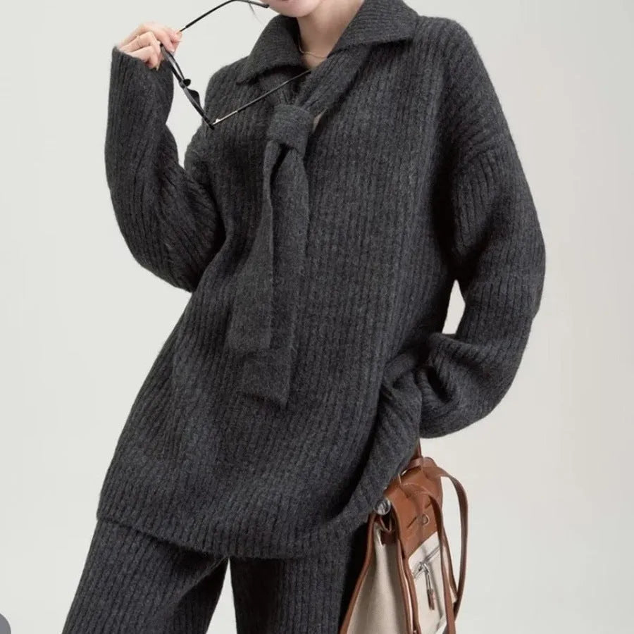 Women's dark grey imitation cashmere knit top and trousers two-piece set for commuting.