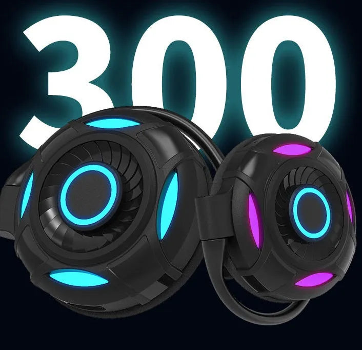 Black and white wireless gaming earphones with hanging ear design and USB charging cable