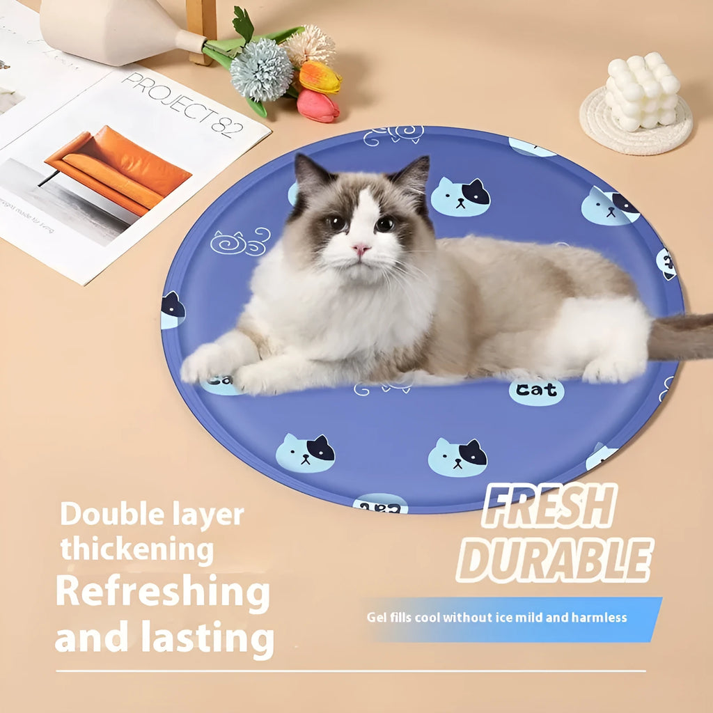 Round cartoon dog cooling mat in beige bunny design showing fabric construction and gel filling