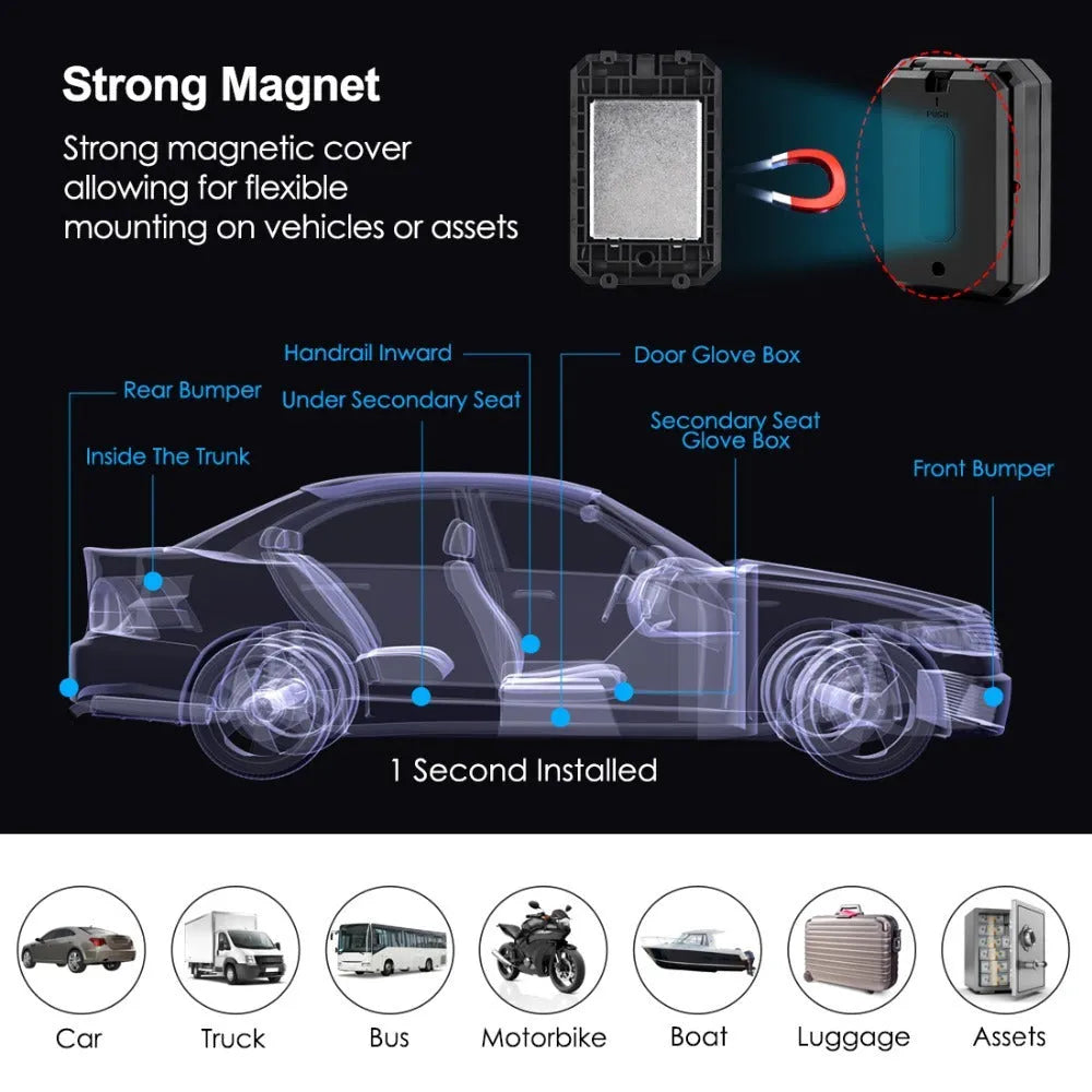 Black GPS car locator with 6000mAh battery capacity and ceramic antenna