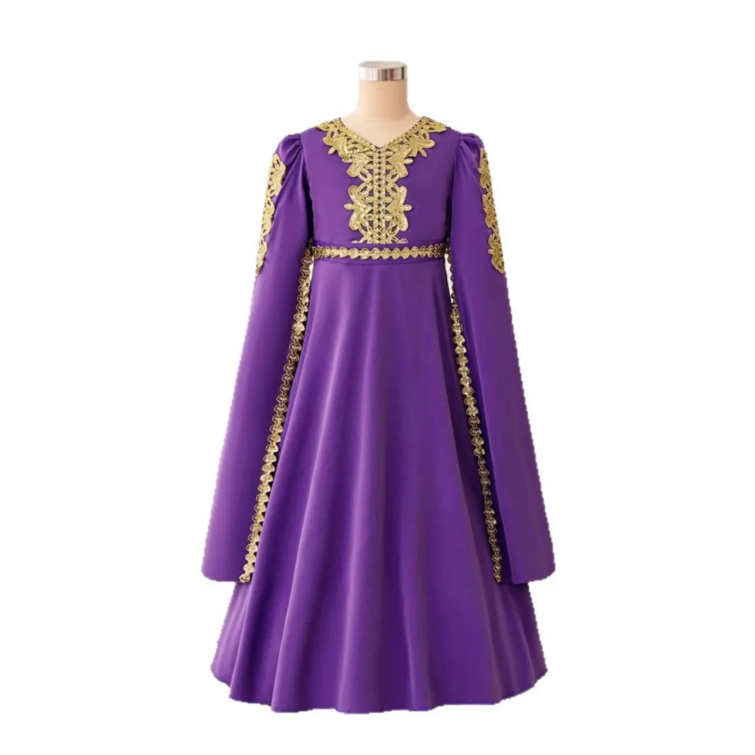 Long-sleeved purple puffy chiffon ribbon princess dress with cotton lining