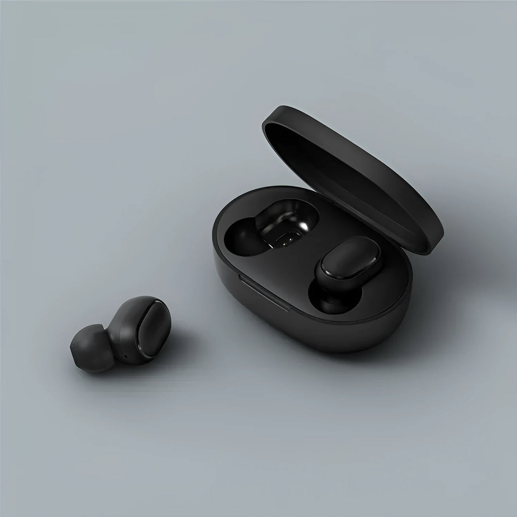 Redmi AirDots black true wireless Bluetooth headphones with charging case.