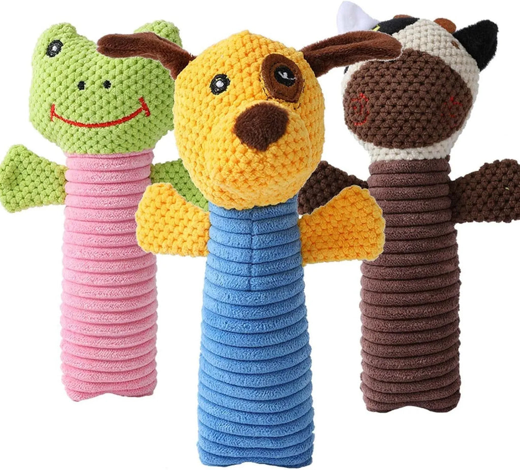 Squeaky stuffed dog chew toy in animal shape for dental cleaning and play