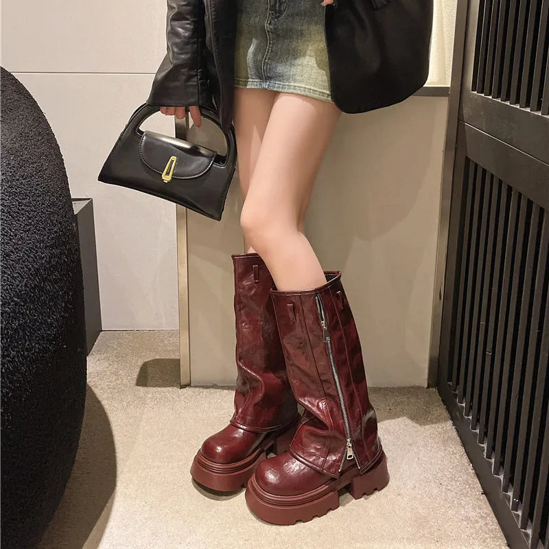 Platform Martin boots with high-cylinder sock length and square heel in three colour options