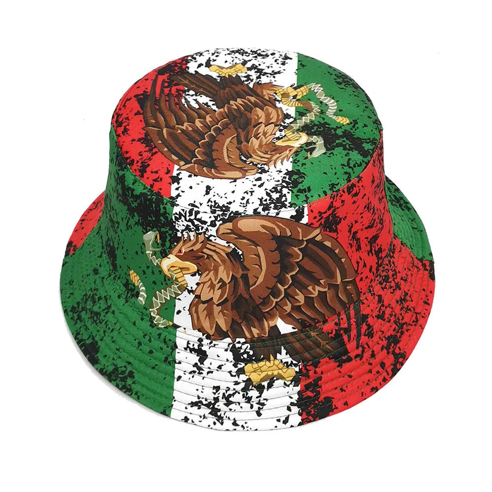 Retro-style bucket hat with eagle pattern, dome crown, in polyester fabric.
