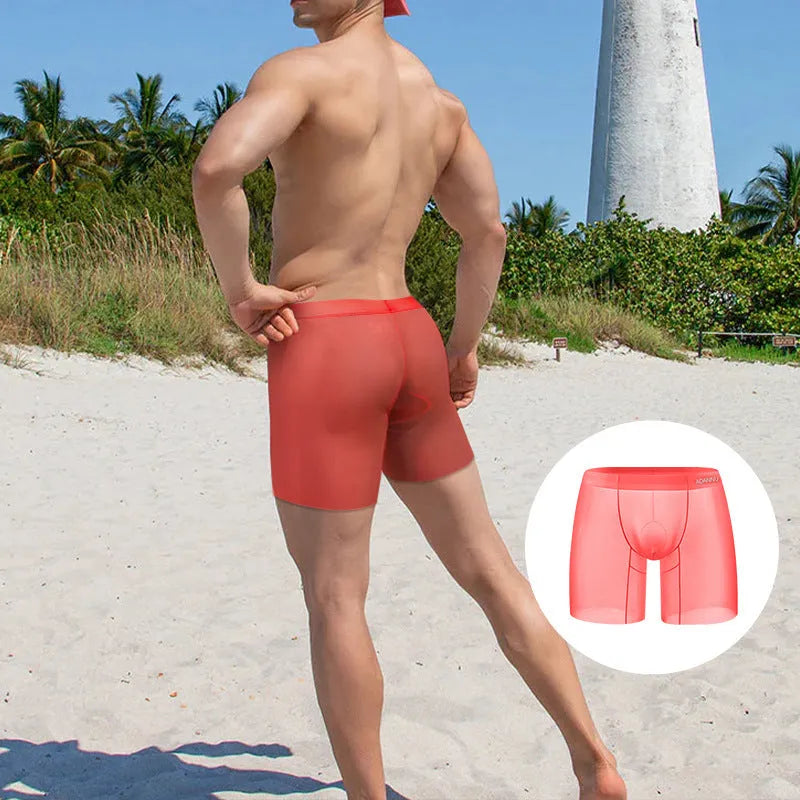 Men's solid colour boxer shorts in ice silk nylon fabric on a white background.