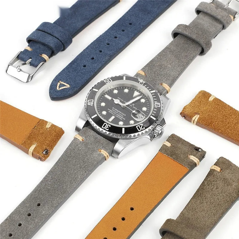 Genuine suede leather watch strap in brown, shown detached, with 20mm and 22mm width options.