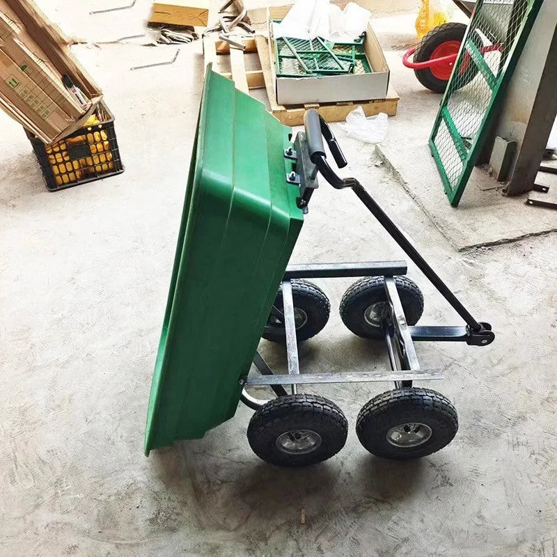 Green four-wheel plastic dumptruck with 350kg capacity for garden and construction use