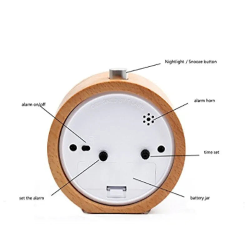 Solid beech wood silent alarm clock with 4-inch diameter display on wooden surface