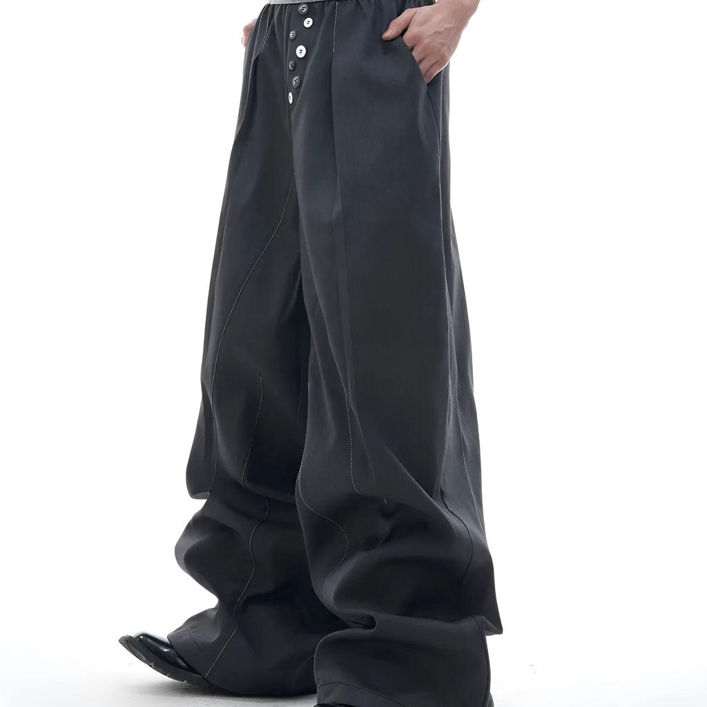 Straight-leg casual trousers with button open line design in black high waist style