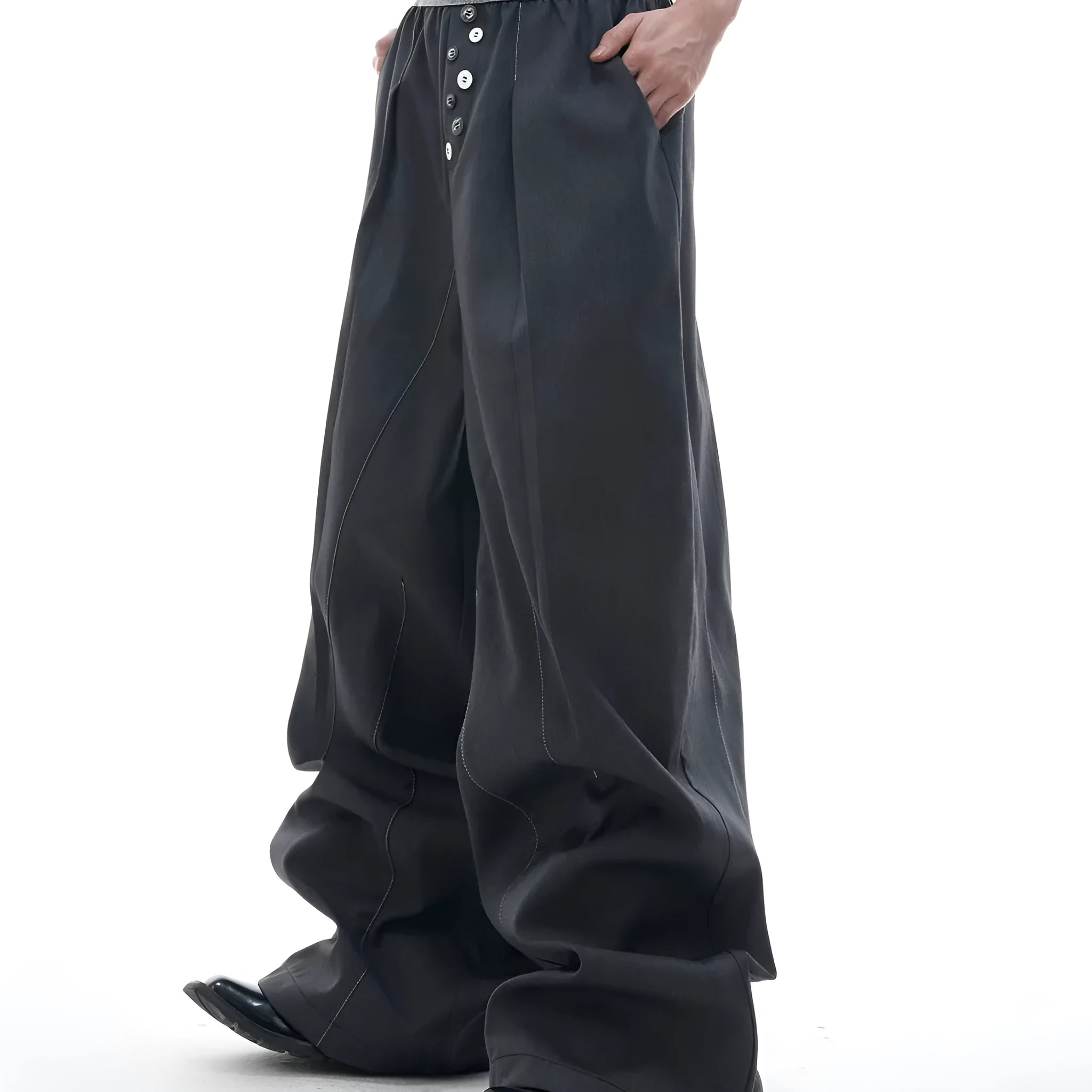 Straight-leg casual trousers with button open line design in black high waist style