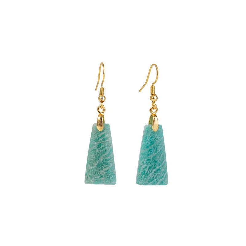 Amazonite rough stone trapezoid earrings with geometric octagon design in gold and silver