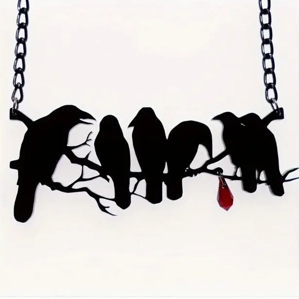 Black electroplated alloy crow necklace with cross chain for women's gothic jewellery
