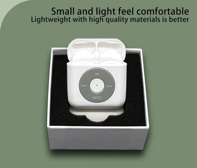 White wireless Bluetooth earphones with a semi in-ear design and a charging case on a white background.
