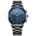 Men's waterproof quartz sports watch in black, blue, and rose gold colour combinations