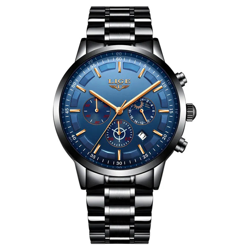 Men's waterproof quartz sports watch in black, blue, and rose gold colour combinations