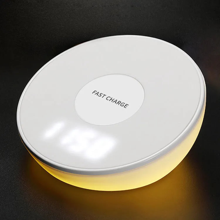 White Qi wireless charging pad with LED digital clock display and three control buttons