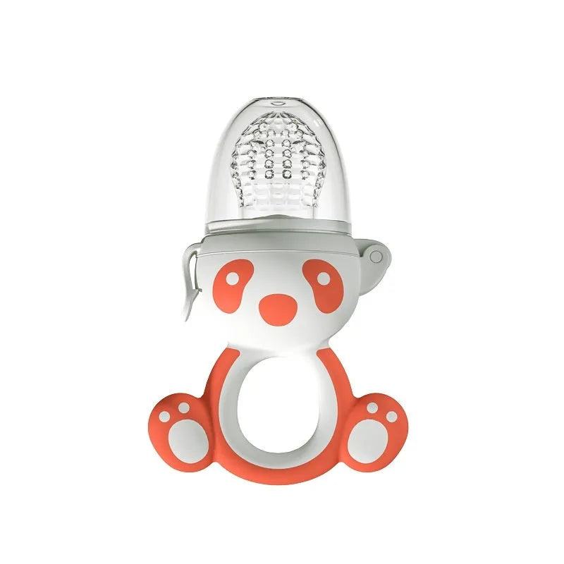 Transparent edible silicone baby teether fruit feeder with hand guard in red or blue for infants over 6 months