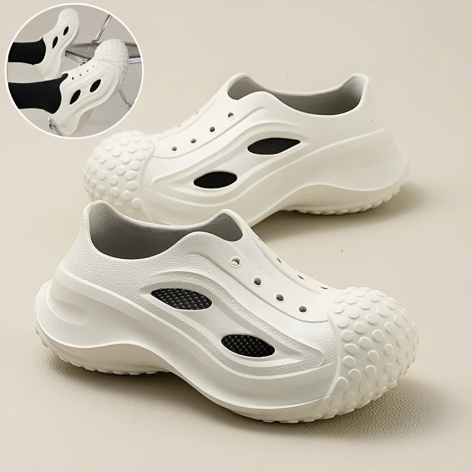 Fashion Thick-soled Clogs Shoes Indoor Floor Slippers for Women and Men Summer Outdoor Non-Slip Baotou Toe Beach Shoes with EVA Construction Breathable Waterproof in Black Coffee White Sizes 36-45
