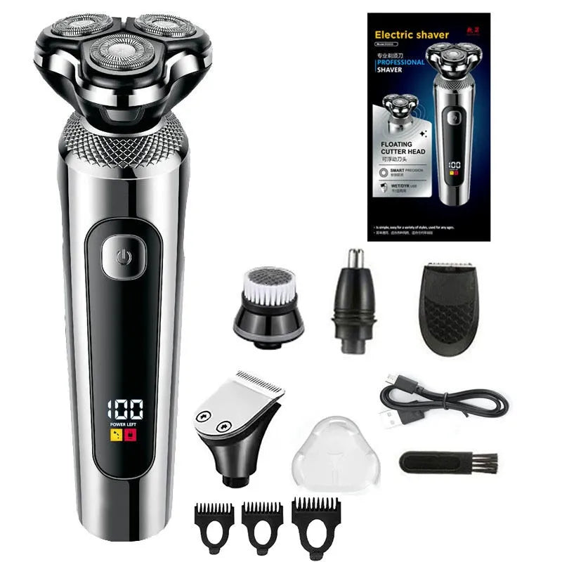 USB rechargeable beard scraper with digital display showing battery level and fully washable construction