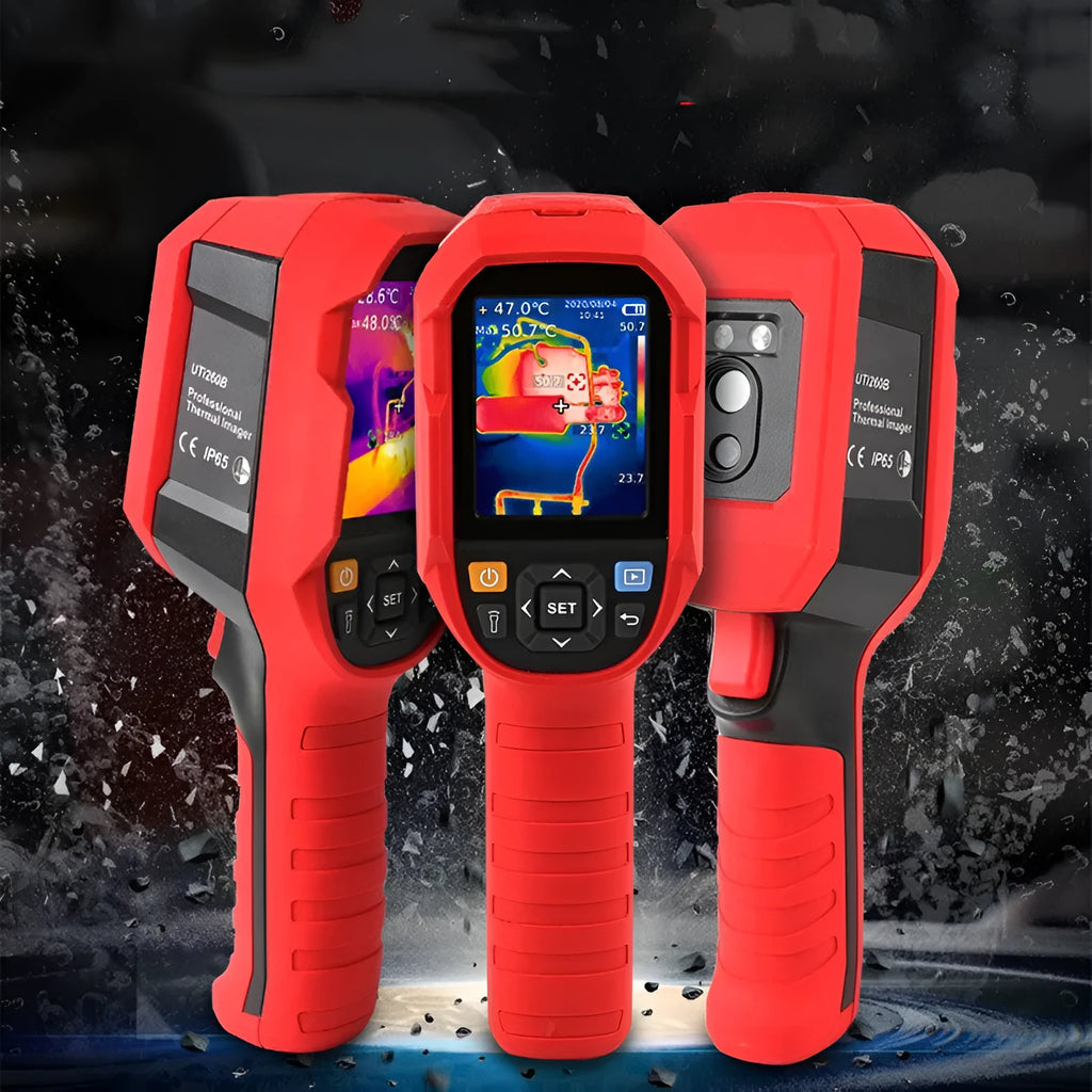 UTi series handheld infrared thermal imager with display screen shown alongside USB cable and storage card.