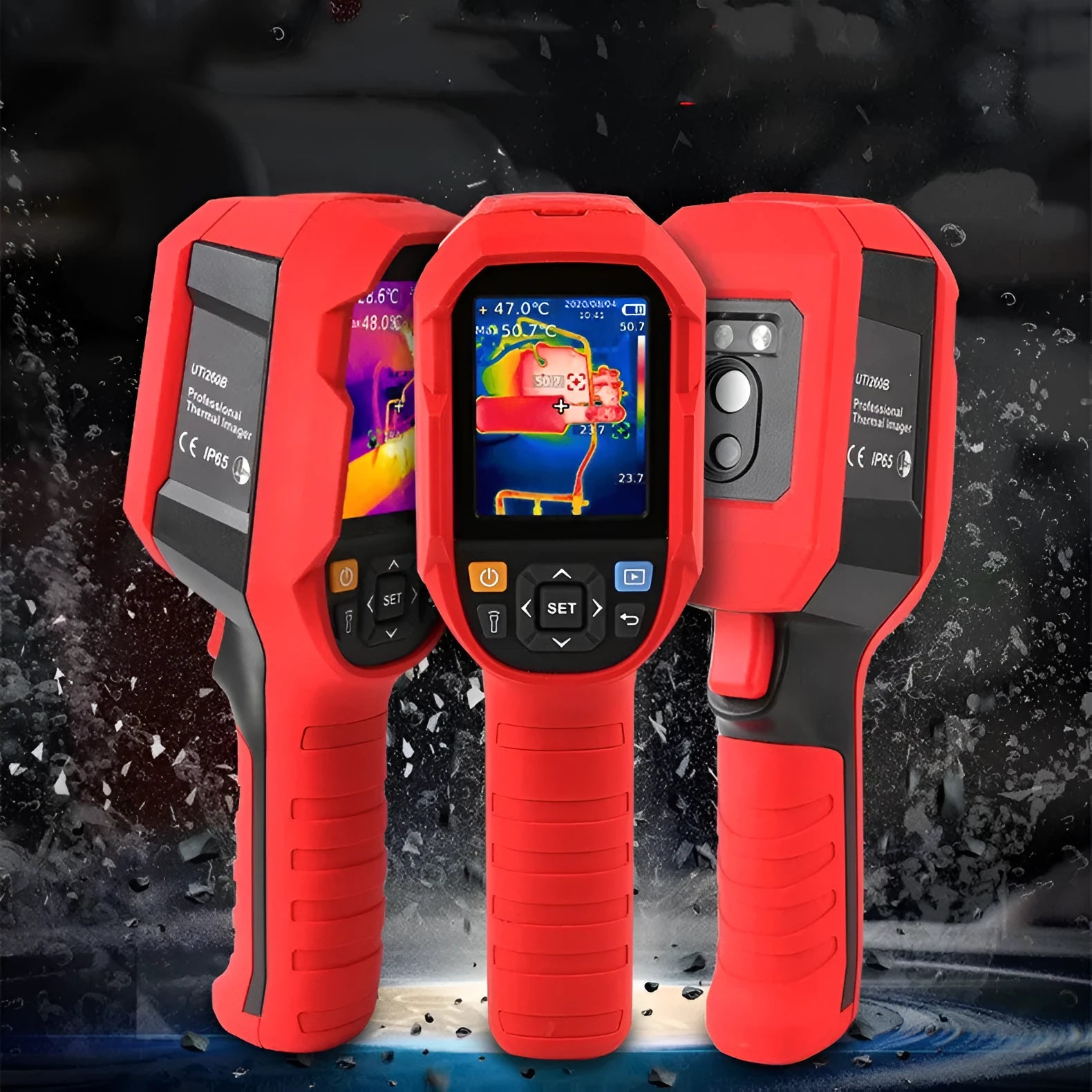 UTi series handheld infrared thermal imager with display screen shown alongside USB cable and storage card.