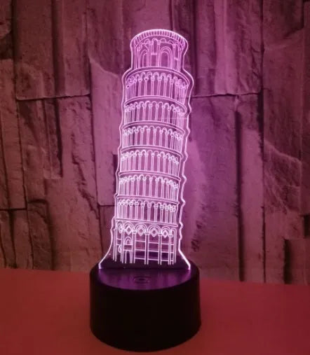 Leaning Tower of Pisa 3D nightlight with colour-changing LEDs on black square base