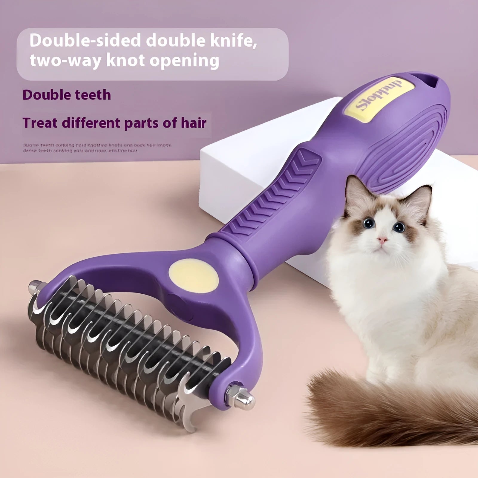 Purple double-sided plastic pet comb for removing knots from cat and dog fur