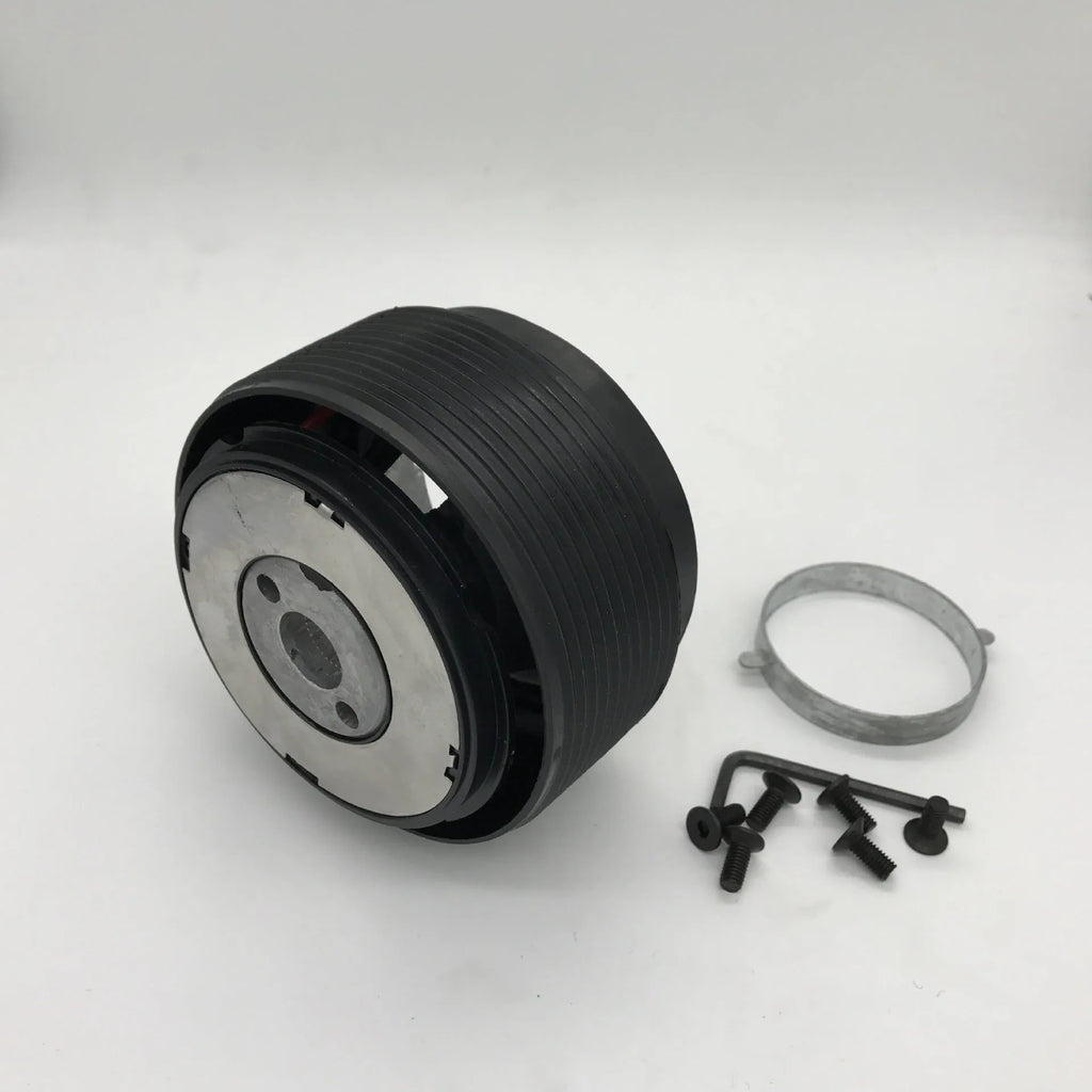 Black plastic and aluminium steering wheel connector hub adapter for Mazda R-2 model