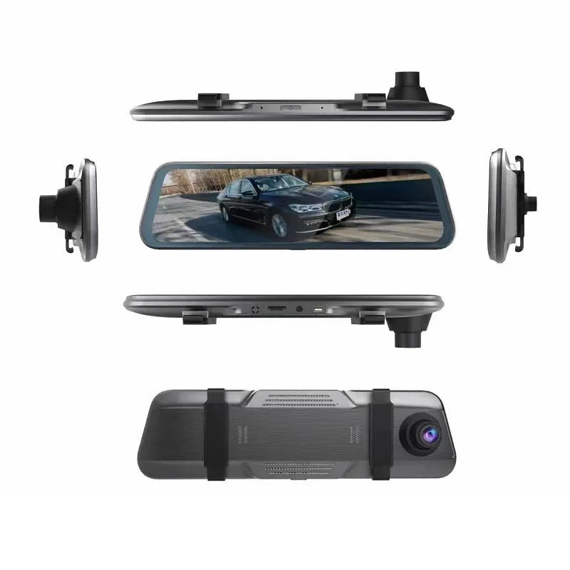Black rearview mirror driving recorder with 10-inch touch screen display mounted in a car.