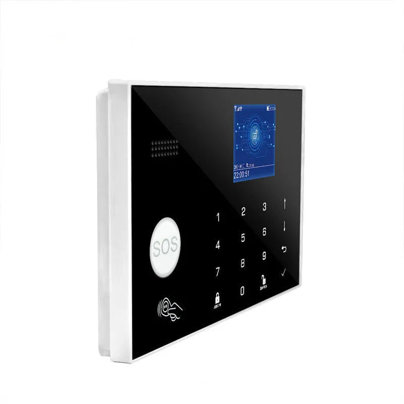 Intelligent WiFi GSM touch button household burglar alarm host on a table