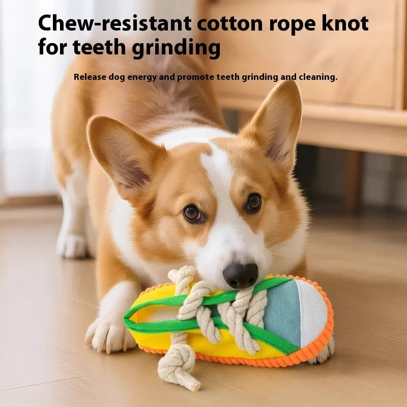 Plastic dog slipper chew toy with squeaker in yellow, black, or blue colour options