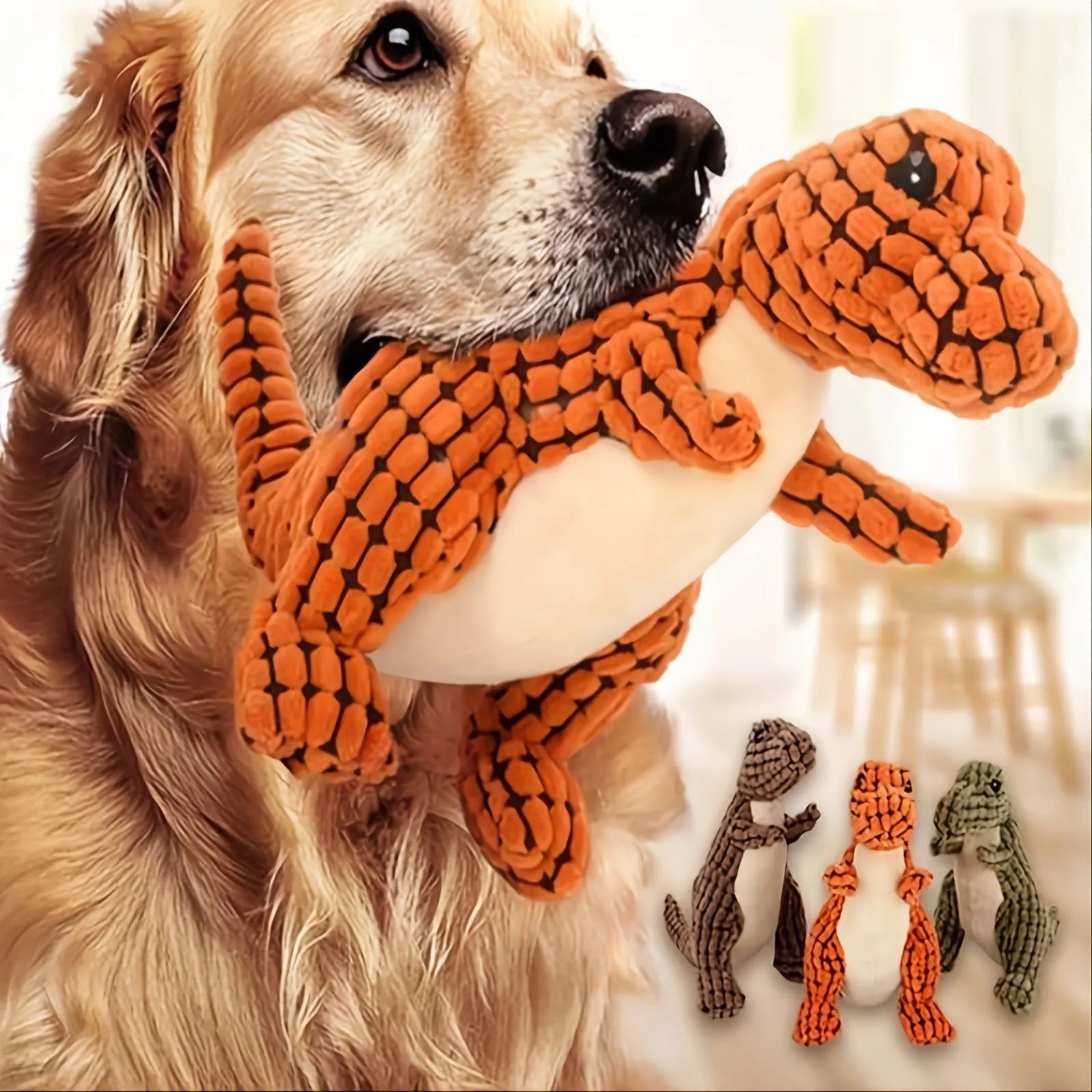 Grey, green, and orange bite-resistant dog toy with sound, shown with scale indicating 35cm length.