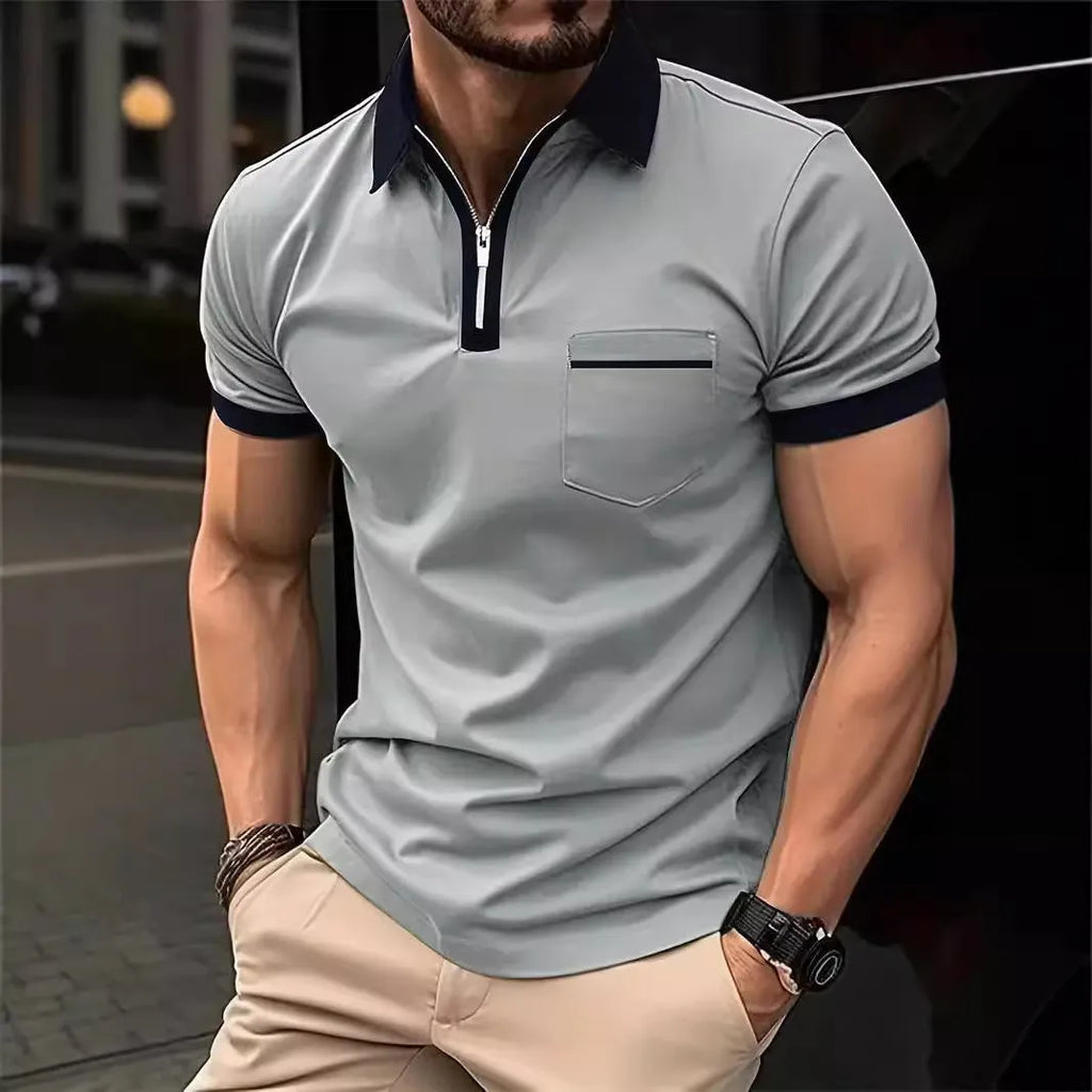 Men's loose fit casual short sleeve shirt with chest pocket and zipper decoration detail