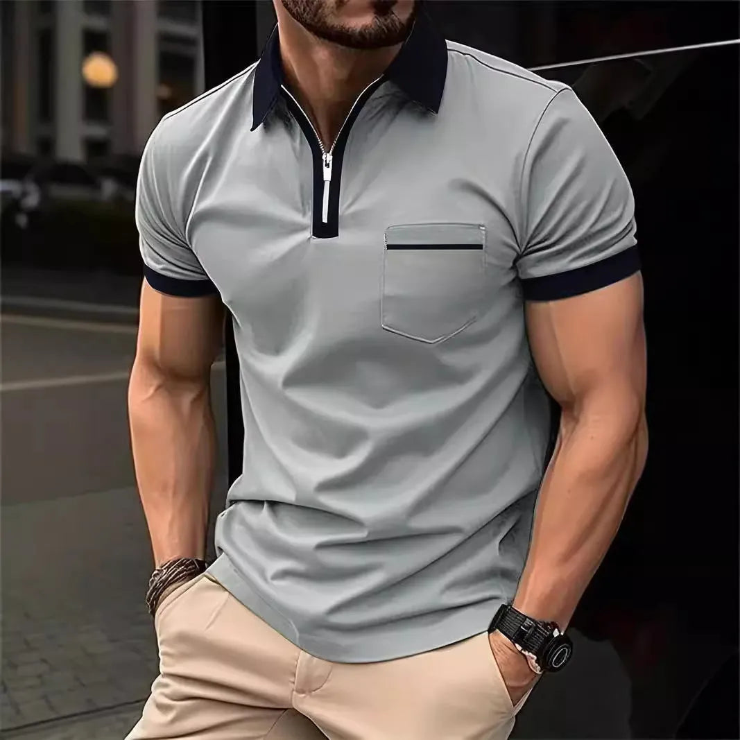 Men's loose fit casual short sleeve shirt with chest pocket and zipper decoration detail