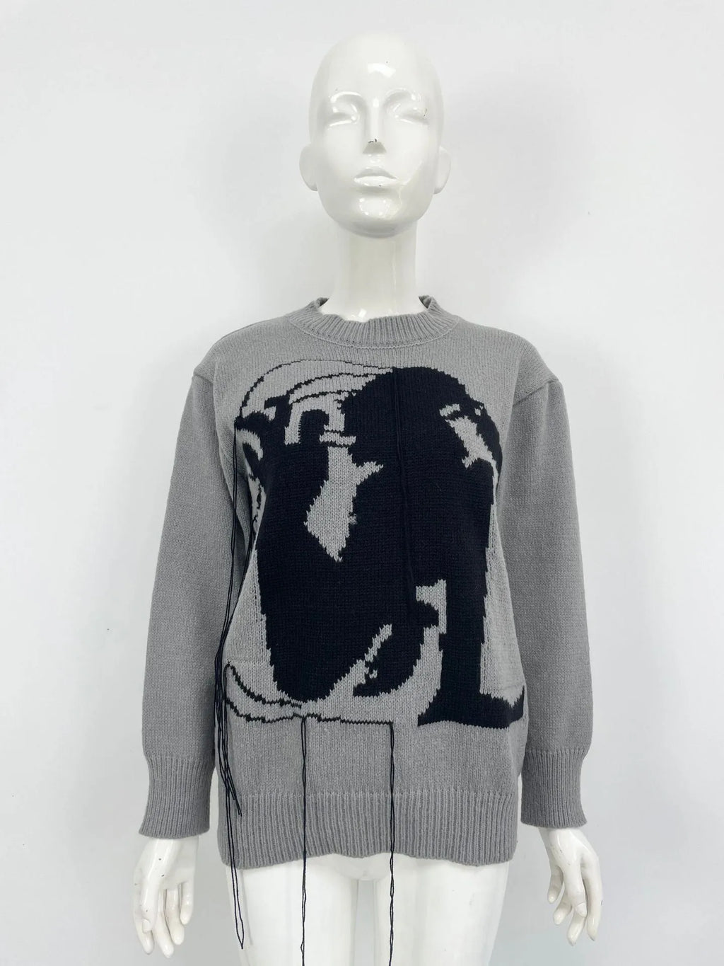 Women's grey alpaca wool sweater with abstract pattern and tassel design, loose fit street fashion style