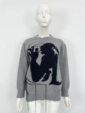 Women's grey alpaca wool sweater with abstract pattern and tassel design, loose fit street fashion style