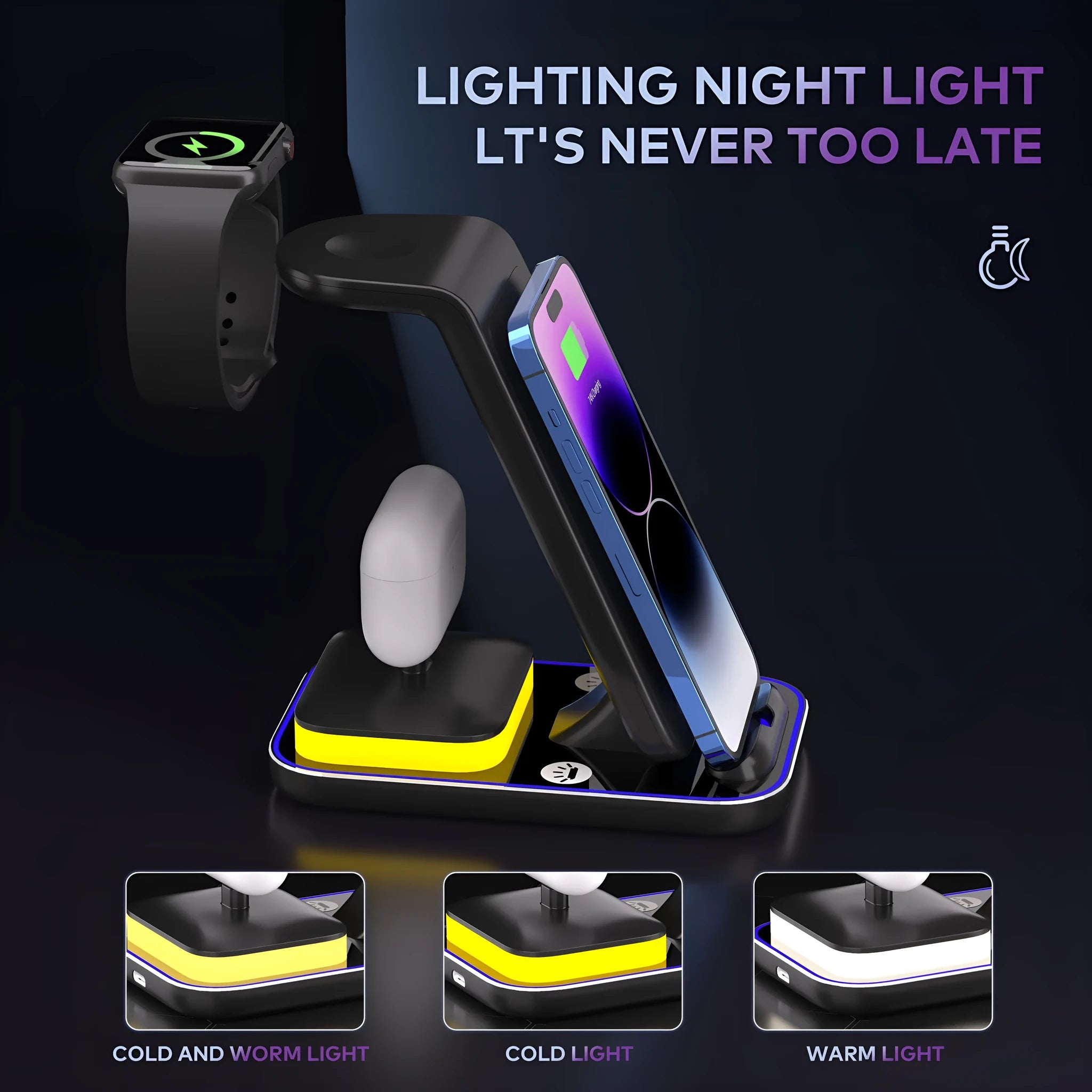 Black vertical wireless charger with a phone and smartwatch charging on it