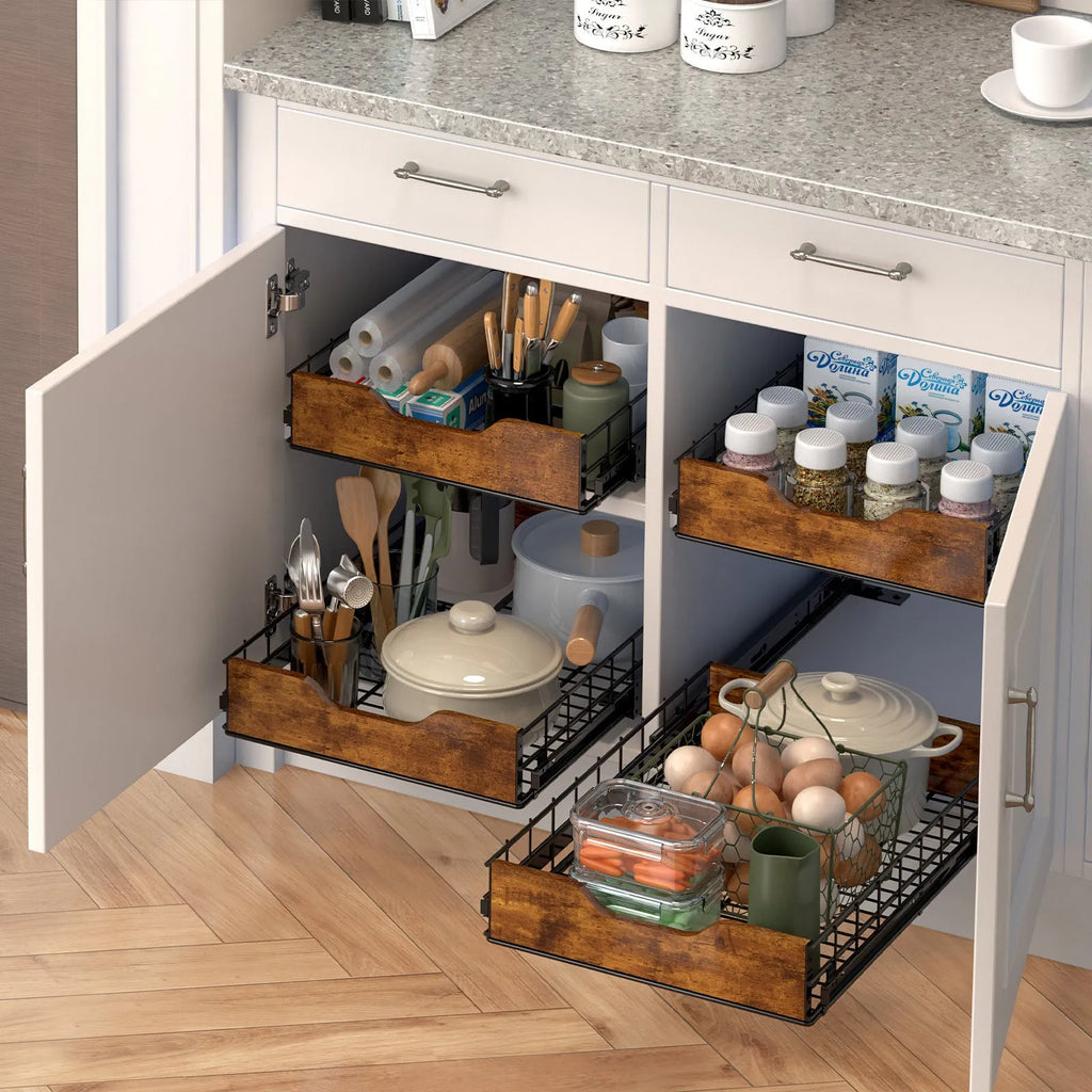 Black household storage basket drawer with pull-out mechanism, made from wood and iron.