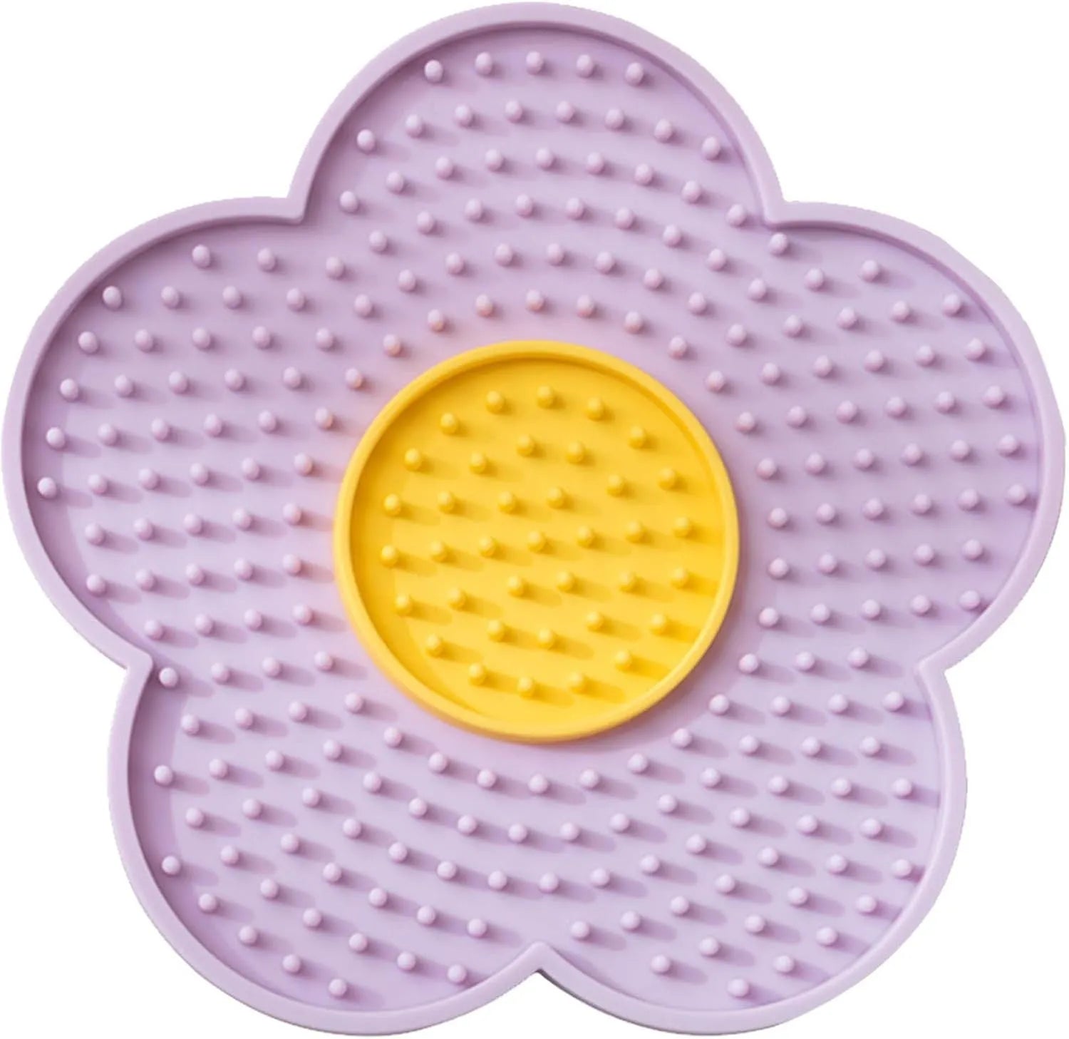 Flower-shaped silicone pet lick pad with suction cup base in assorted colours.