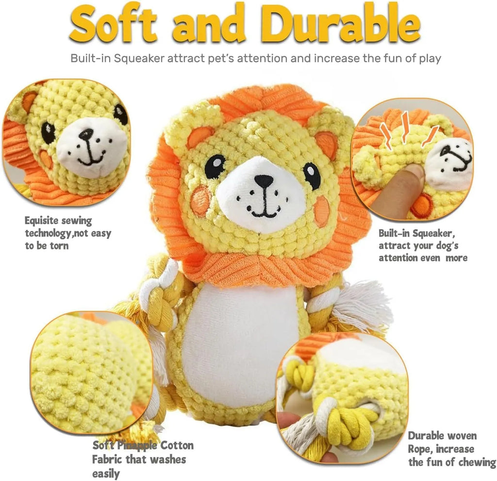 Stuffed squeaky dog toy bundle with lion and monkey plush designs for medium to large dogs