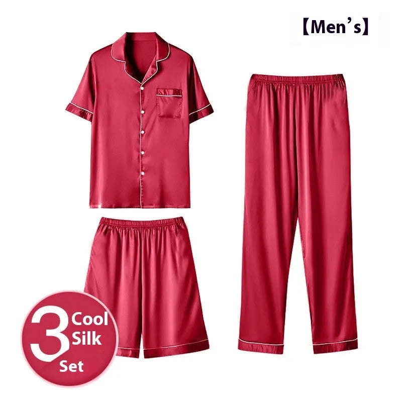 Men's ice silk three-piece homewear set showing top, shorts, and trousers in a selected colour.