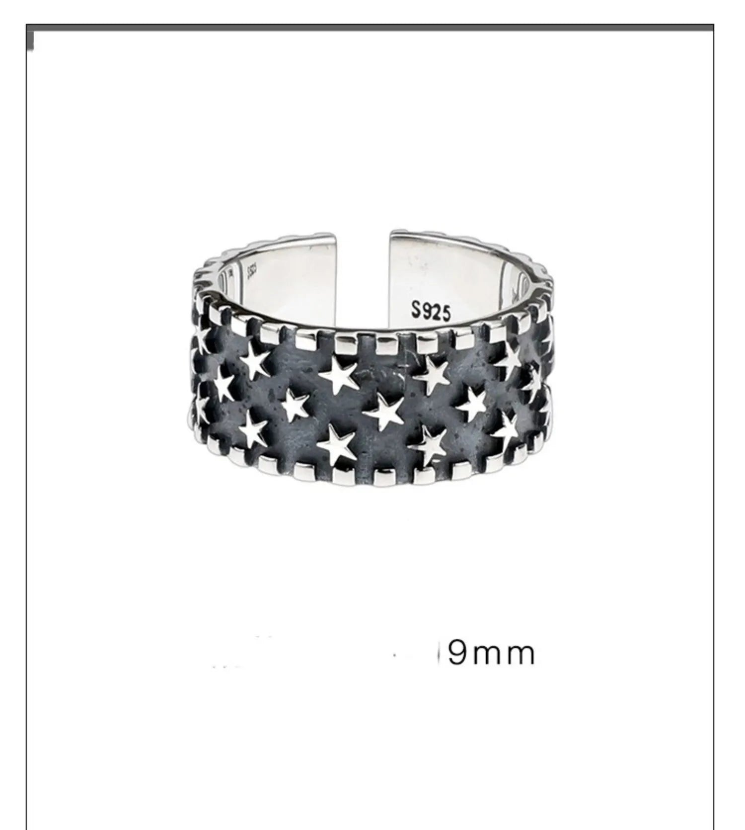 Adjustable open-ended sterling silver ring with a multi five-pointed star geometric pattern.