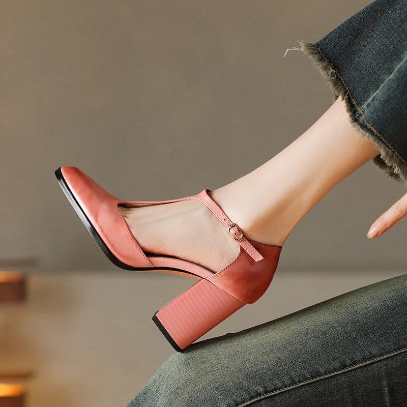 Women's dark brown retro Mary Jane shoes with pointed toe, buckle fastening and hollow design