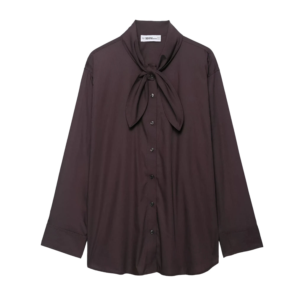 Brown women's poplin shirt with bow tie scarf detail, loose fit long sleeve office blouse