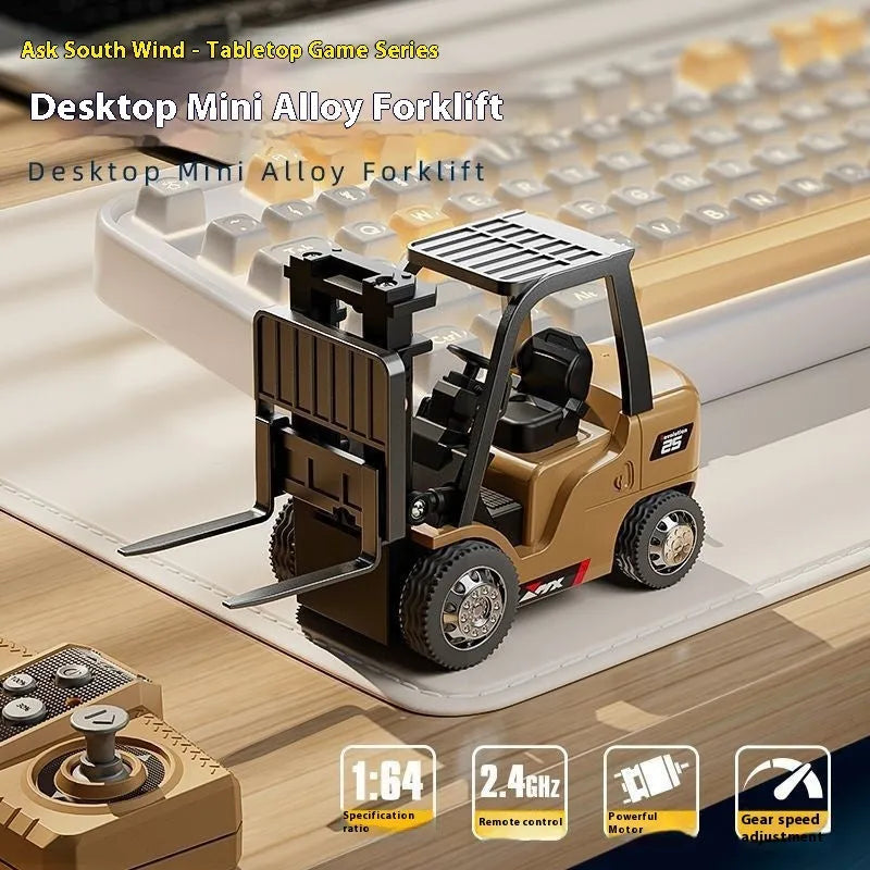 Mini alloy forklift remote control car toy with Bluetooth remote and cargo accessories on pallet