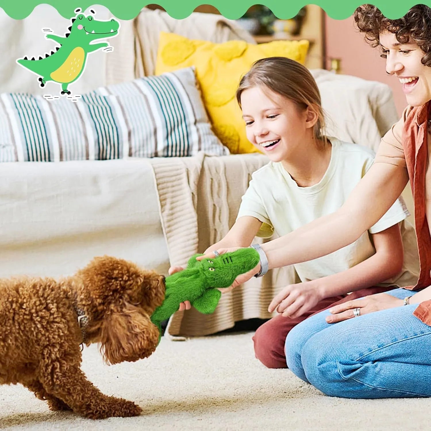 Green crocodile-shaped plush dog toy with no stuffing, squeaker in head and crinkle paper in tail